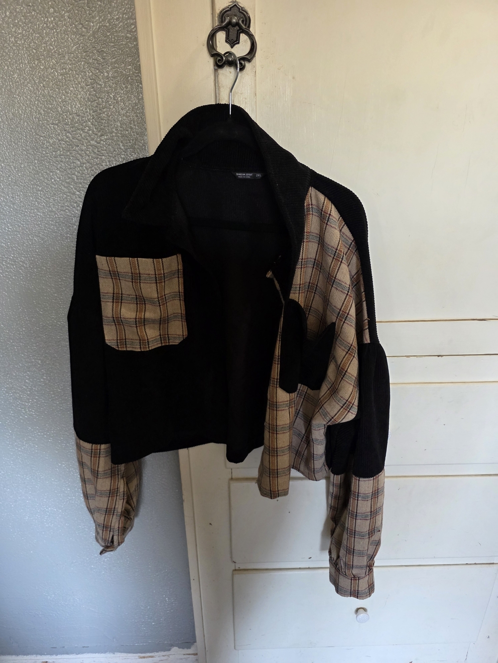 SHEIN Black Jacket with Tan Plaid Accents